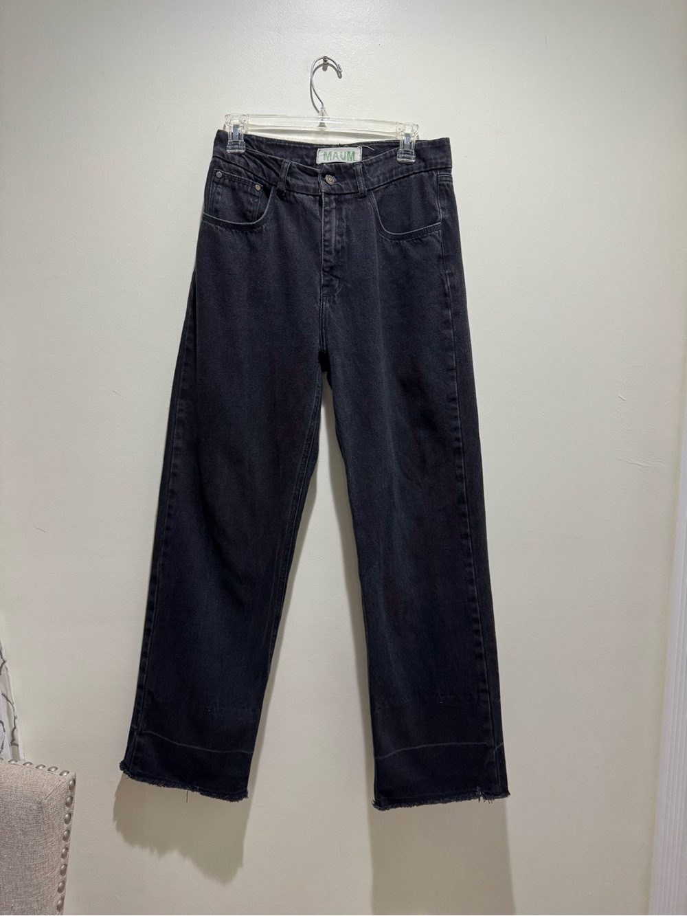 MAUM Alcance Washed Black High Rise Wide Leg Raw Hem Jeans 36